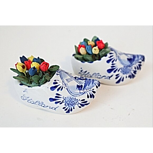 6 Vintage Delft Blue Dutch Shoe Ashtray Tulips Miniature Holland Delftware - Picture 4 of 6